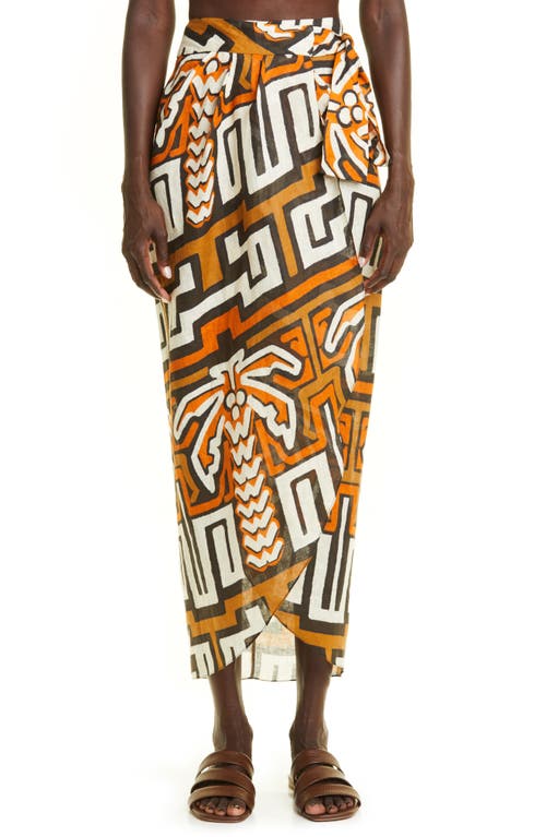 Johanna Ortiz Sea of Sand Tropical Print Linen Wrap Skirt in Chocolate/Terracota/Ecru