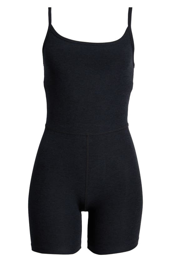 Shop Beyond Yoga Keep Pace Space Dye Bike Romper In Darkest Night