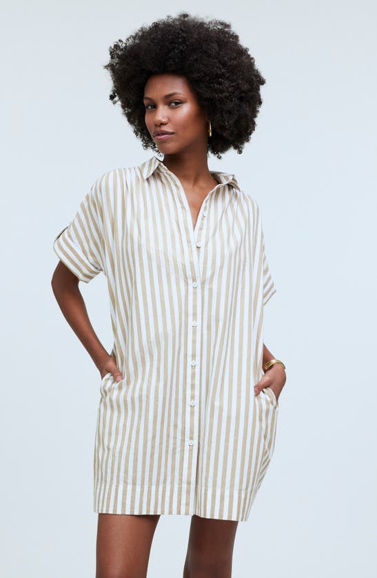 Shop Madewell Collared Button Front Mini Shirtdress In Seed Khaki
