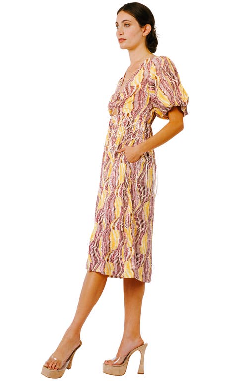Shop Ciebon Allicent Twist Front Puff Sleeve Midi Dress In Burgundy/yellow Multi