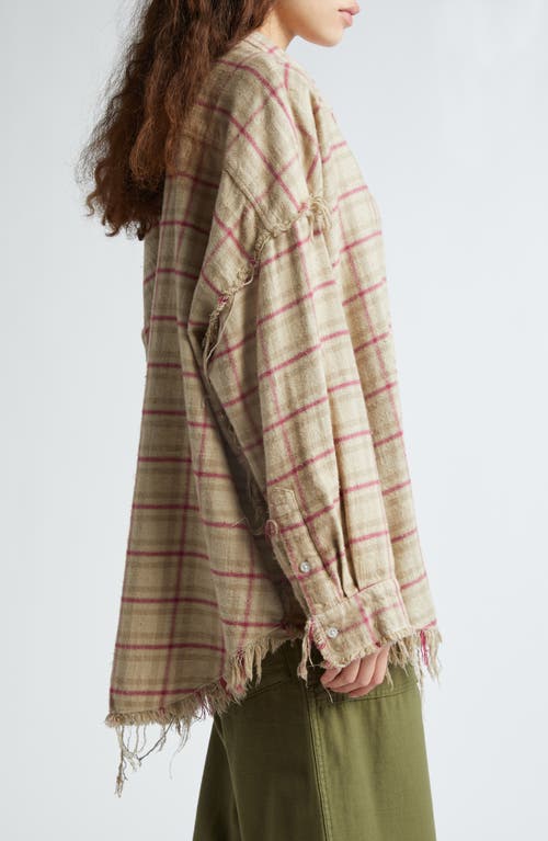 Shop R13 Shredded Seam Plaid Oversize Cotton Flannel Button-up Shirt In Overdyed Ecru/pink Plaid