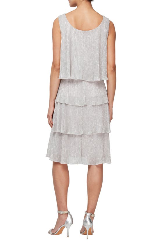Sl Fashions Metallic Tiered Sleeveless Dress With Jacket In Pearl