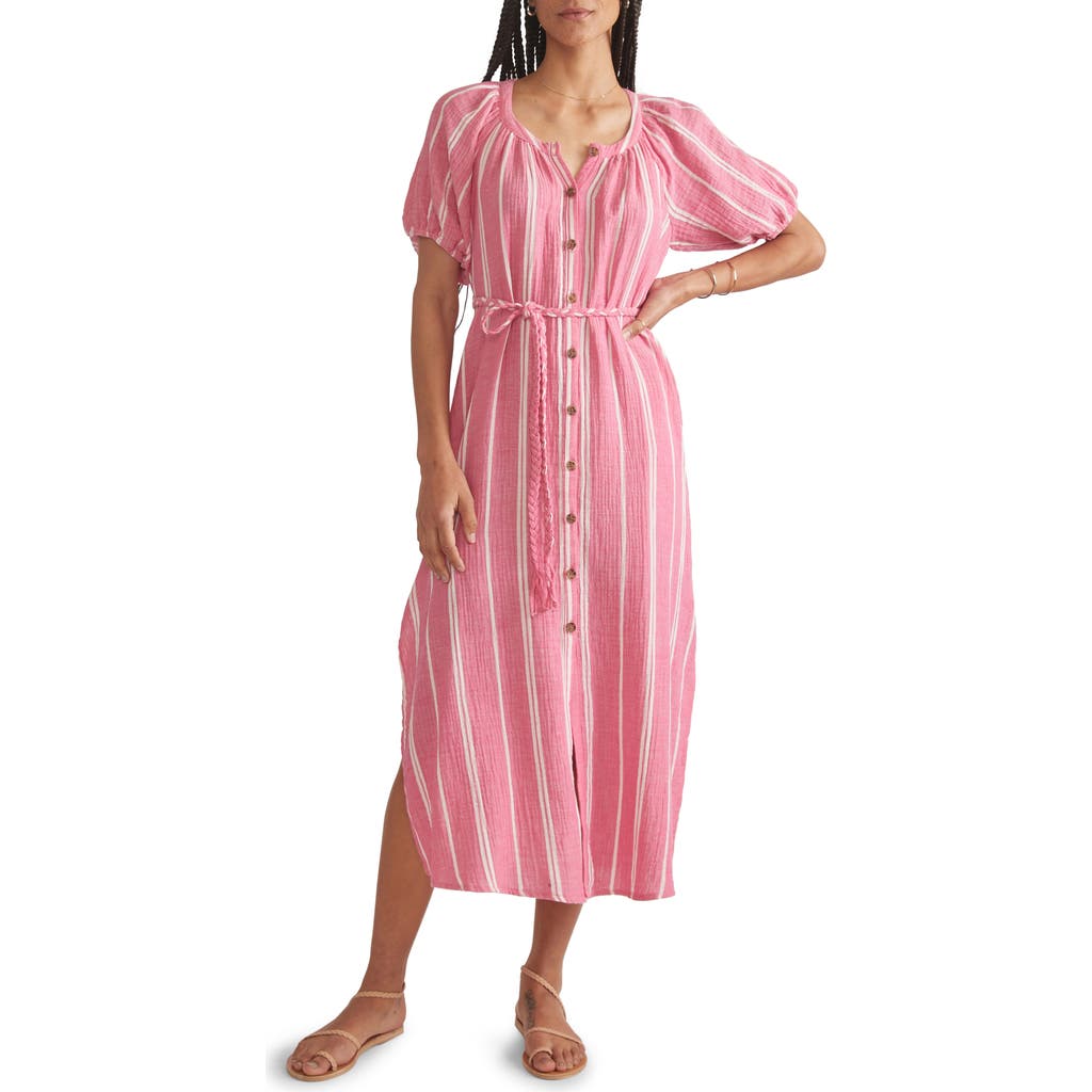 Marine Layer Stripe Belted Double Cloth Midi Shirtdress In Fuschia Stripe