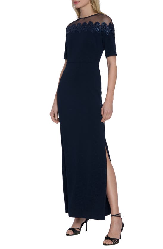 Maggy London Mesh Yoke Beaded Gown In Twilight Navy