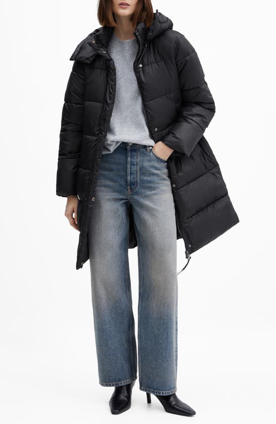 Shop Mango Hooded Quilted Coat In Black