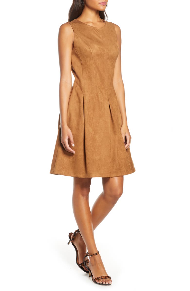 Donna Ricco Pleated Fit & Flare Faux Suede Dress, Main, color, 
