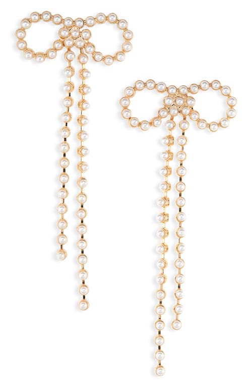 Shop Open Edit Micro Faux Pearl Bow Drop Earrings In White- Gold