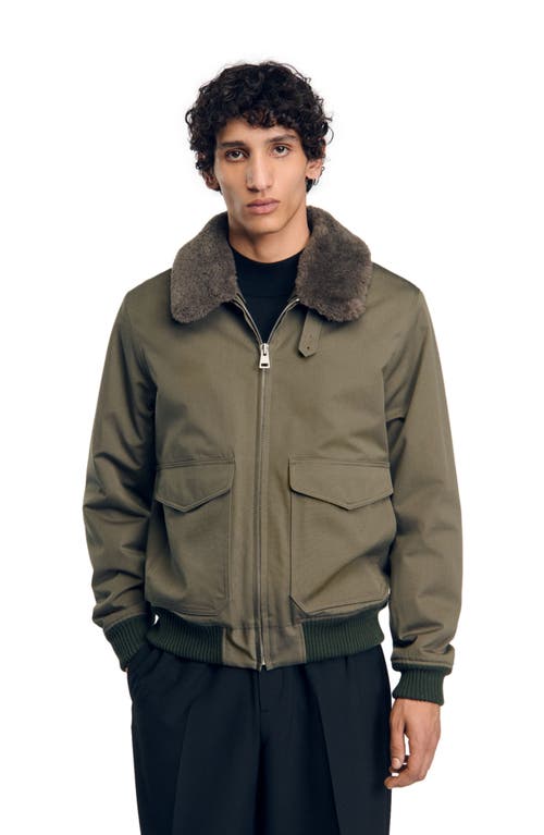 Shop Sandro Fur Collar Jacket In Olive Green