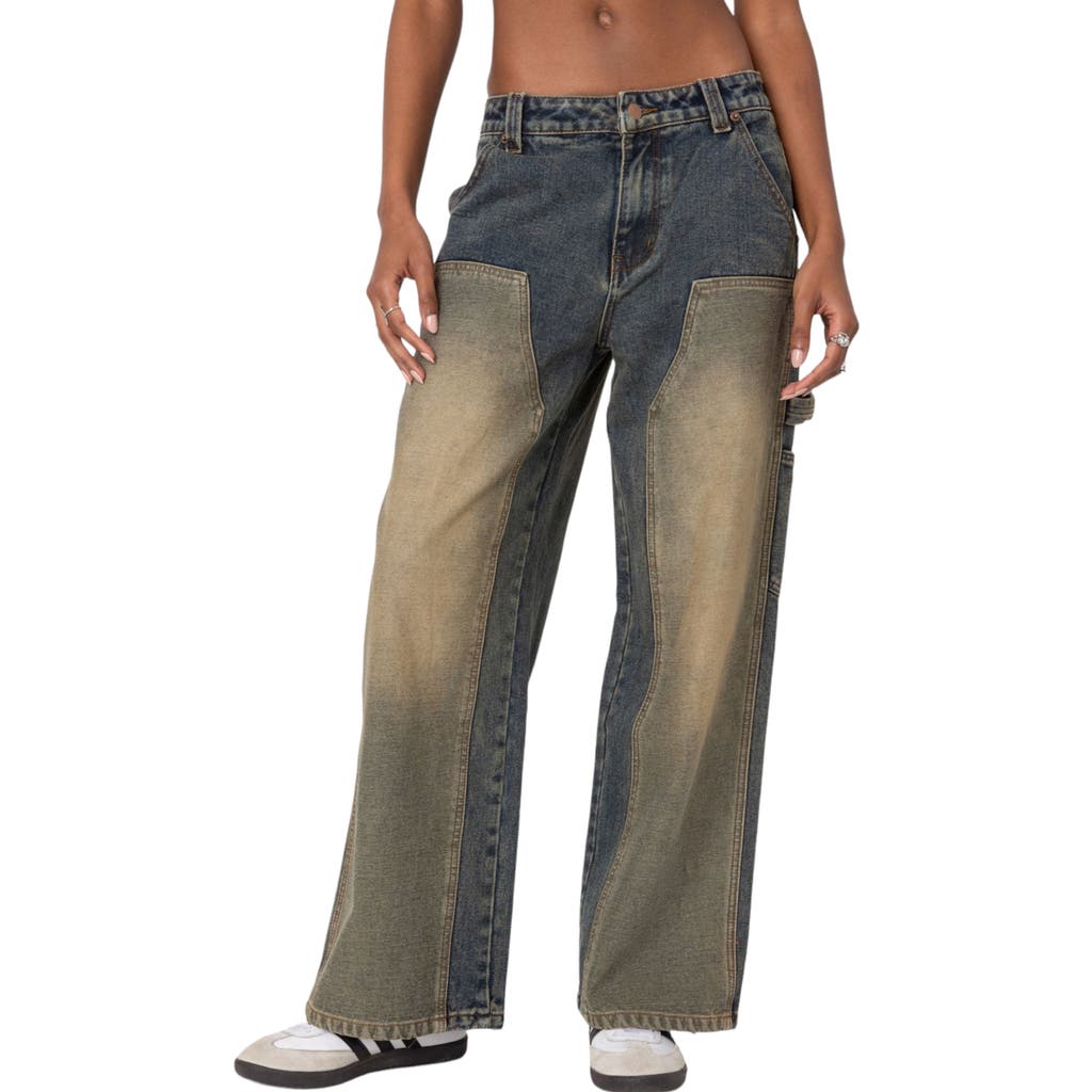 Edikted Contrast Panel Low-rise Baggy Jeans In Blue-washed