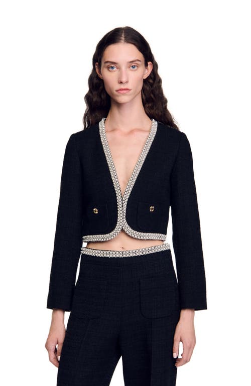 Shop Sandro Cropped Tweed Jacket In Black