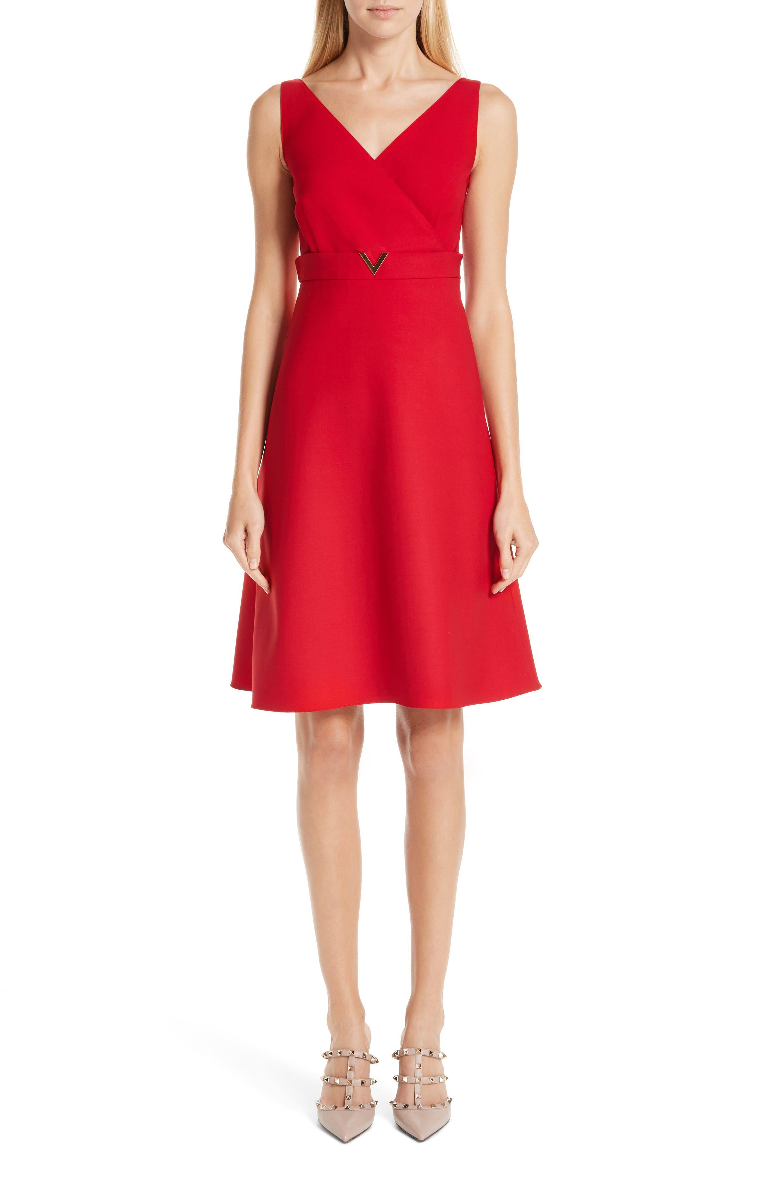 Valentino V-Hardware Double Crepe Dress, Red