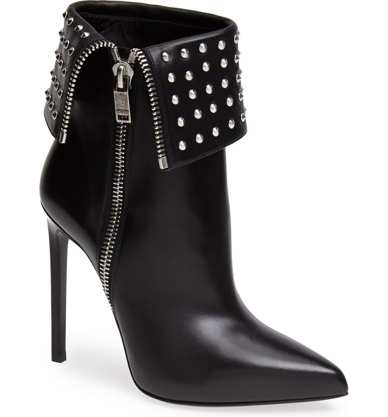 Saint Laurent Studded Cuff Pointy Toe Calfskin Leather Bootie | Nordstrom