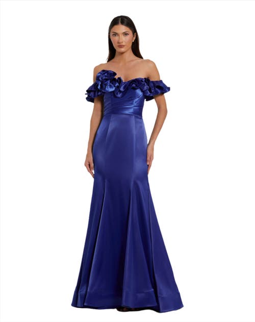 Mac Duggal Satin Ruffle Detail Off The Shoulder Mermaid Gown In Cobalt