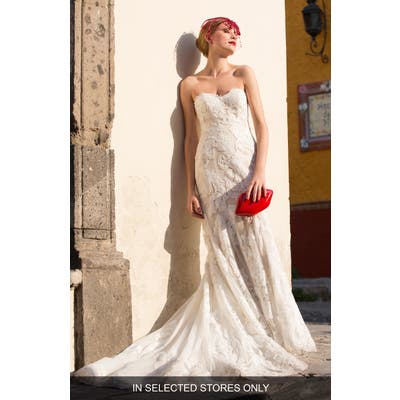 Watters Tris Embroidered Strapless English Net Trumpet Gown, Size - Ivory
