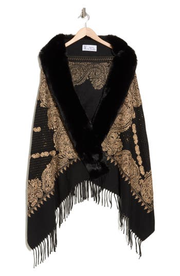 La Fiorentina Embellished Faux Fur Wrap Ruana In Black
