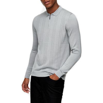 Topman Pointelle Long Sleeve Zip Polo, Grey