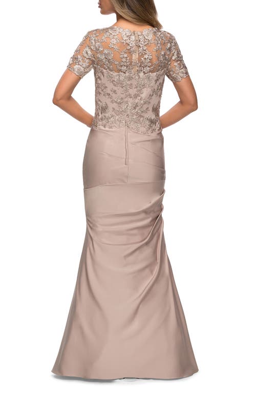 Shop La Femme Satin Evening Dress With Lace And Scoop Neckline In Frost Rose