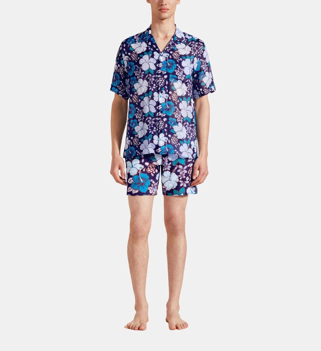 Vilebrequin Bowling Linen Tropical Turtles Shirt In Minuit