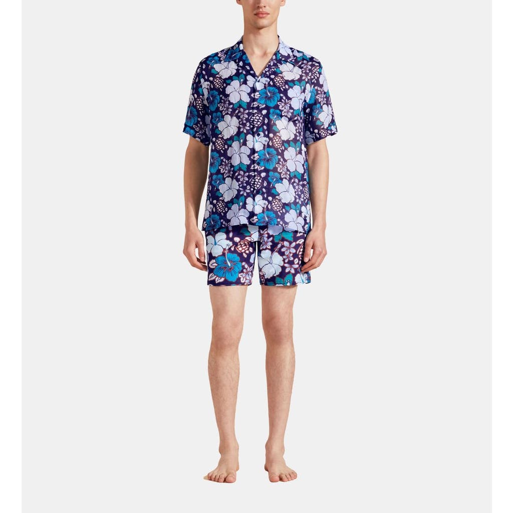 Vilebrequin Bowling Linen Tropical Turtles Shirt In Minuit