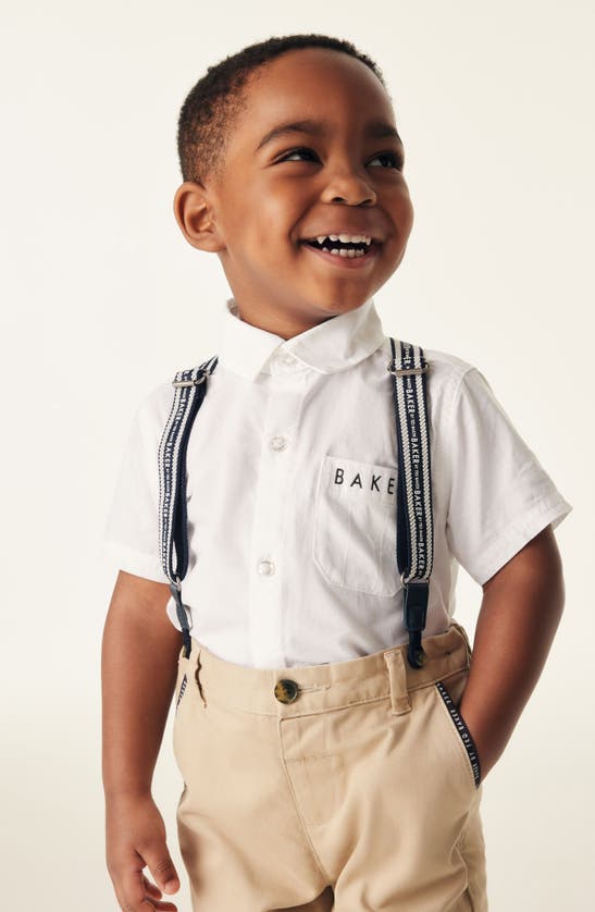 Shop Baker By Ted Baker Kids' Short Sleeve Button-up Shirt, Trousers & Suspenders Set In Natural