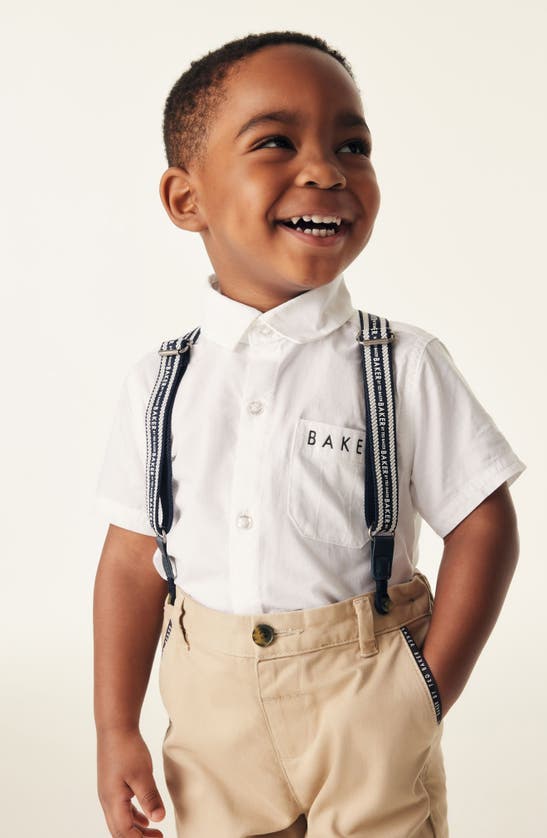 Baker By Ted Baker Kids' Short Sleeve Button-up Shirt, Trousers & Suspenders Set In Natural