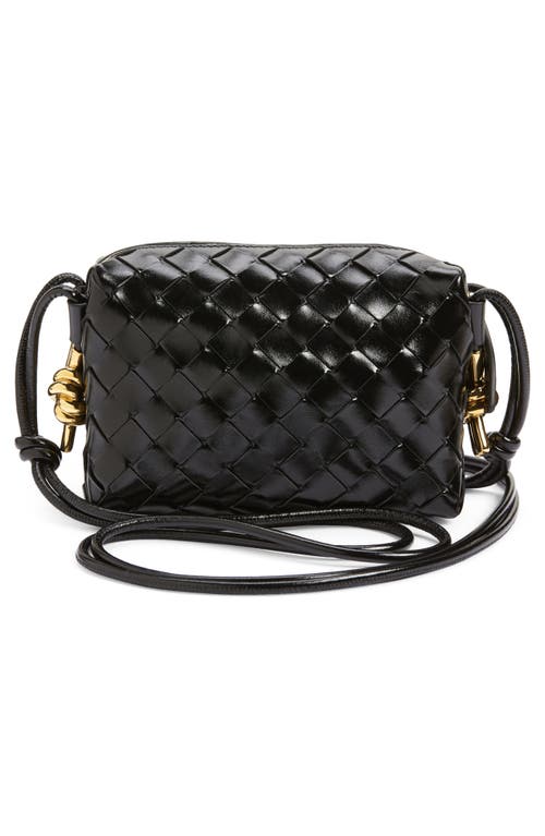 Bottega Veneta Mini Knot Detail Intrecciato Leather Crossbody Bag In Black Brass