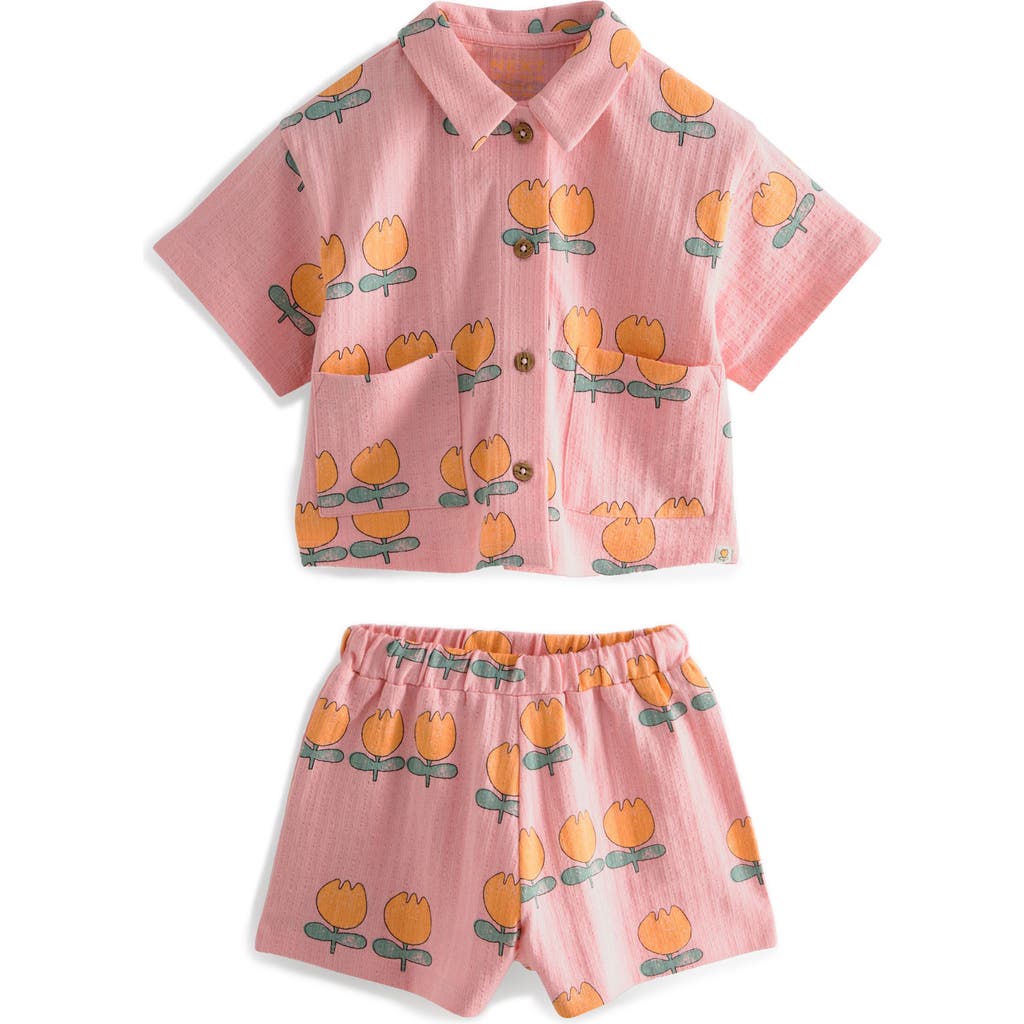 Next Kids' Floral Print Camp Shirt & Shorts Set In Pink Tulip