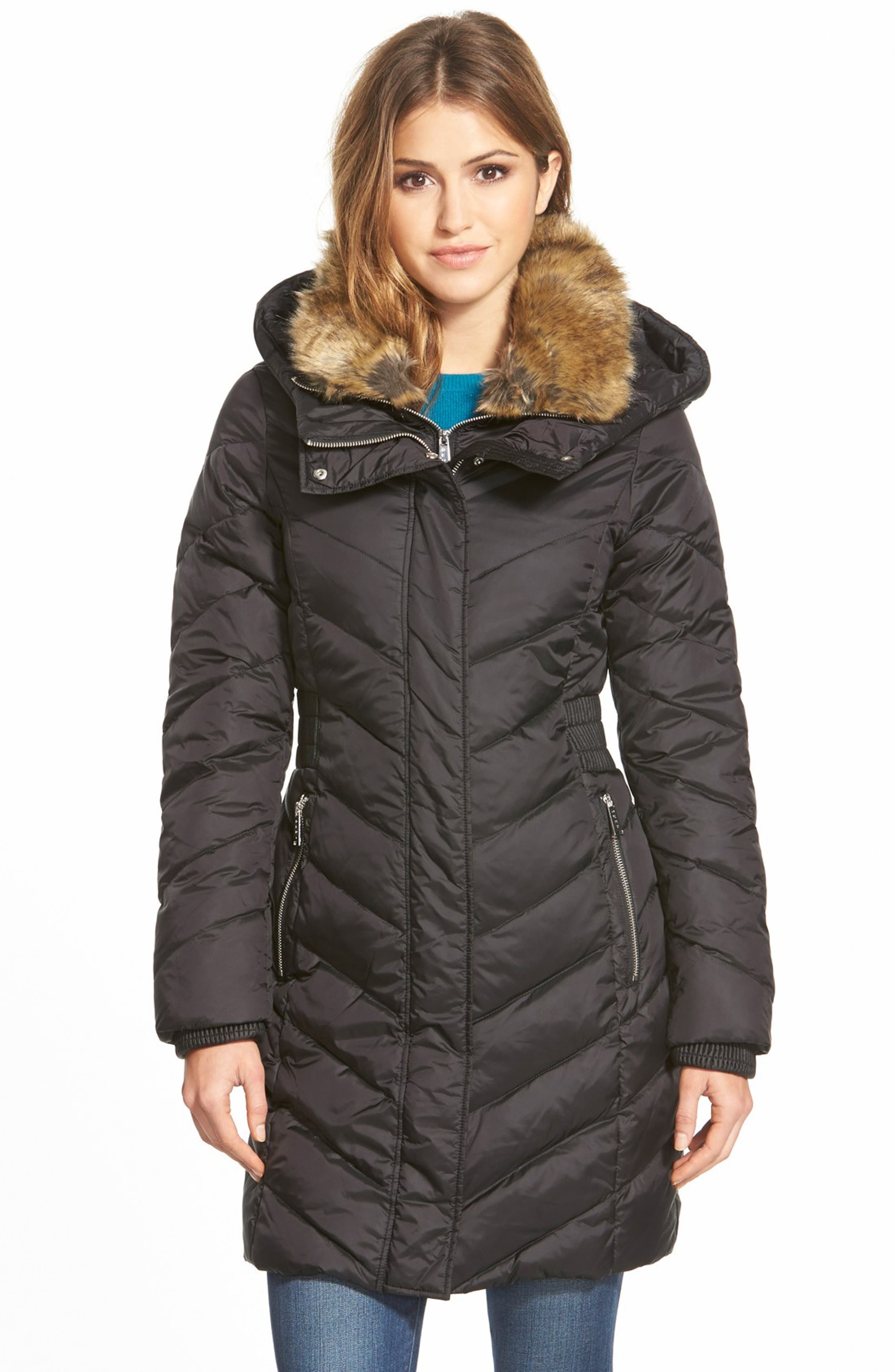 DKNY Chevron Quilted Down & Feather Fill Parka with Faux Fur Trim Inset ...