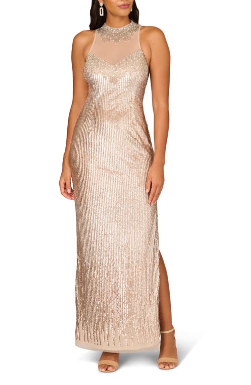 Bead & Sequin Illusion Neck Column Gown in Champagne