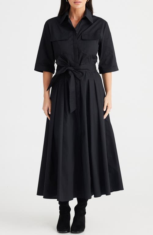 Brave+True Rossellini Pleated Cotton Shirtdress in Black 