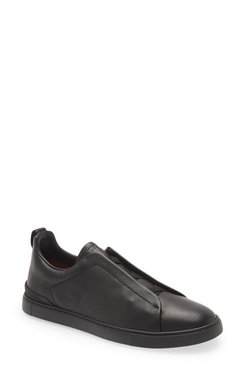 Triple Stitch Deerskin Leather Slip-On Sneaker in Black