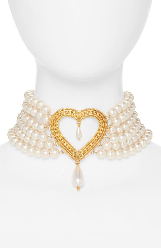 Shop Moschino Open Heart Layered Imitation Pearl Strand Choker Necklace In A1103 Fantast Print Ivory