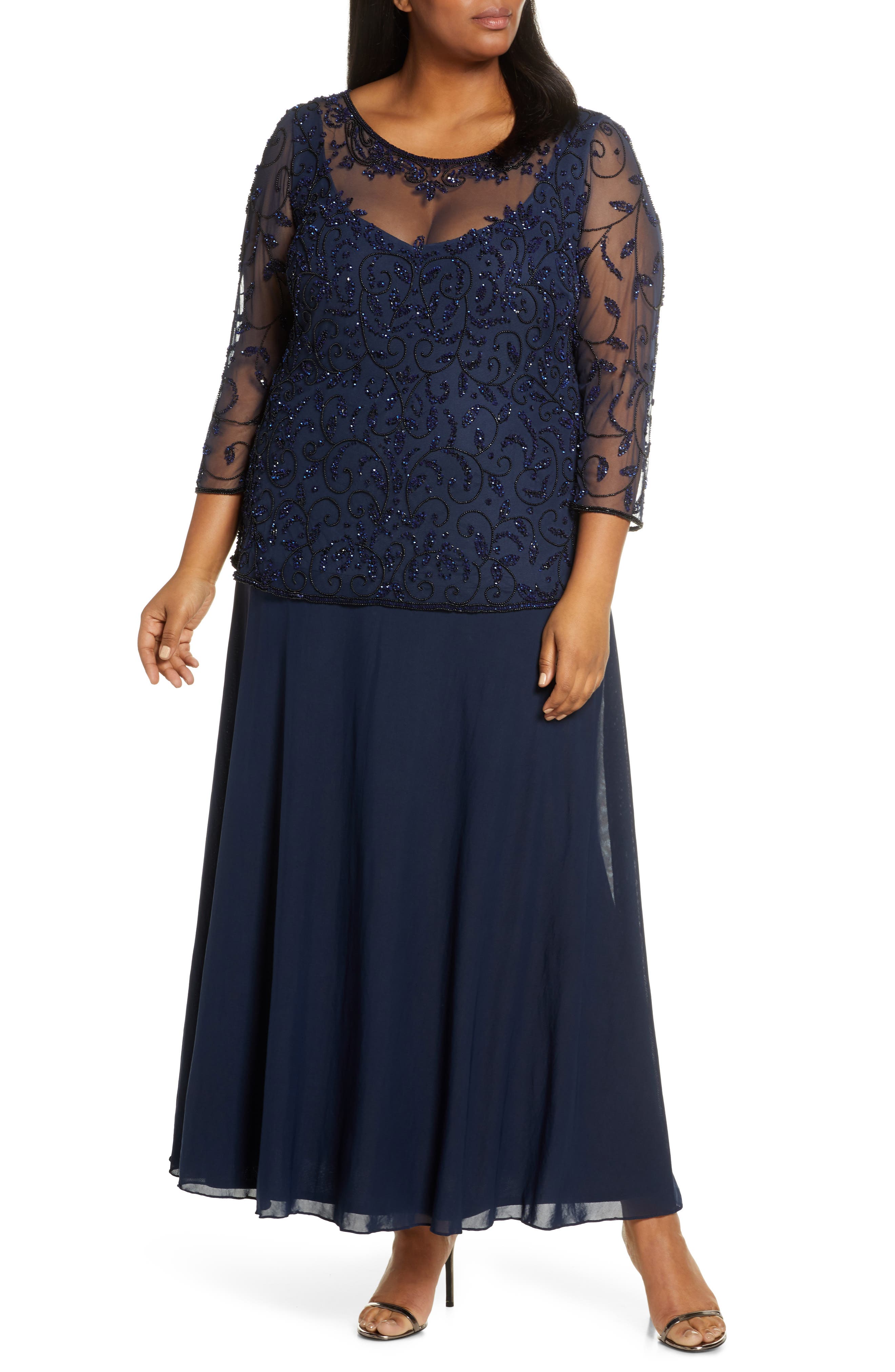 Downton Abbey Inspired Dresses Plus Size Womens Pissaro Nights Beaded Mesh Mock Two-Piece Gown Size 20W - Blue $248.00 AT vintagedancer.com