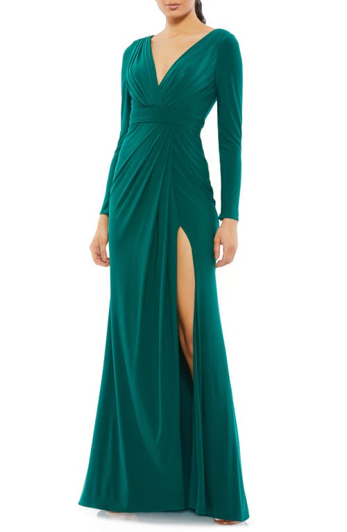 Mac Duggal Long Sleeve Wrap Jersey Gown Emerald at Nordstrom,