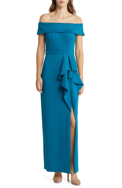 Ruffle Off the Shoulder Gown in Teal