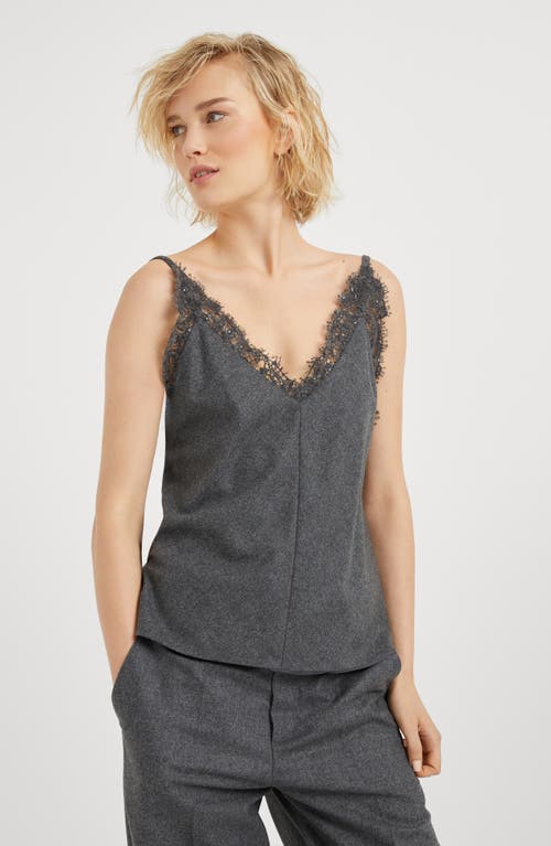 Shop Brunello Cucinelli Virgin Wool And Cashmere Flannel Top With Dazzling Embroidery In Dark Grey