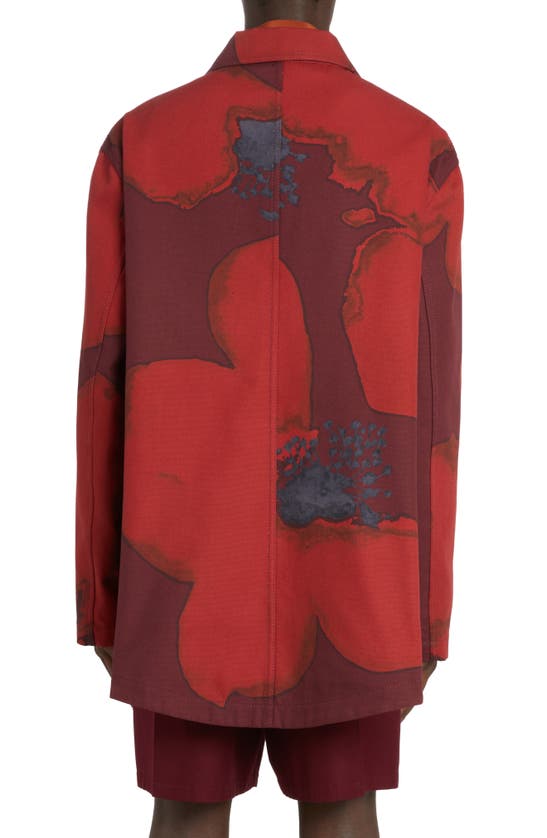 Shop Valentino Flower Portrait Print Cotton Coat In Zvx Rubin/ Rosso