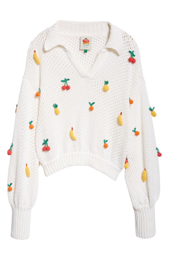 Shop Farm Rio Open Stitch Crochet Fruit Johnny Collar Cotton Sweater In Off-white
