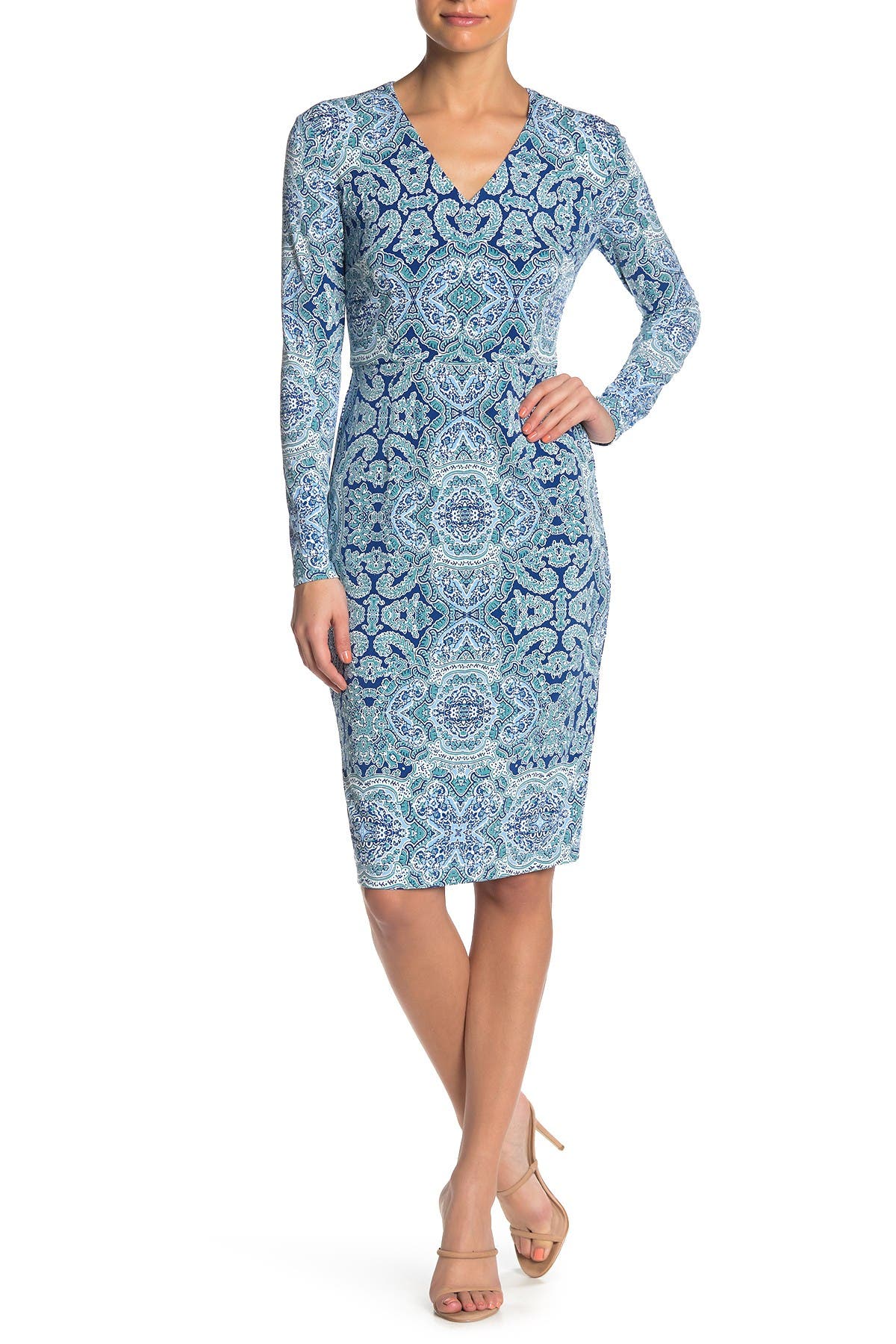 Maggy London | Printed V-Neck Sheath Midi Dress | Nordstrom Rack