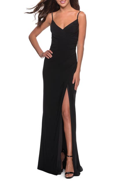 La Femme Strappy Back Jersey Gown In Black | ModeSens