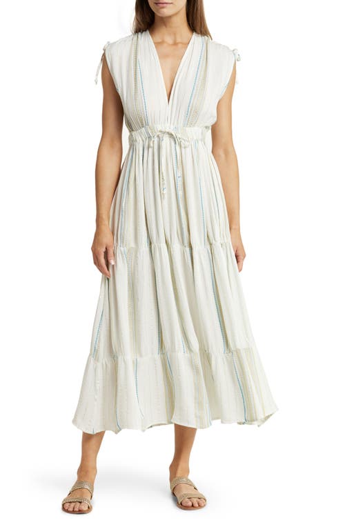 Elan Stripe Deep V-Neck Cover-Up Maxi Dress in White/Aqua Stripe