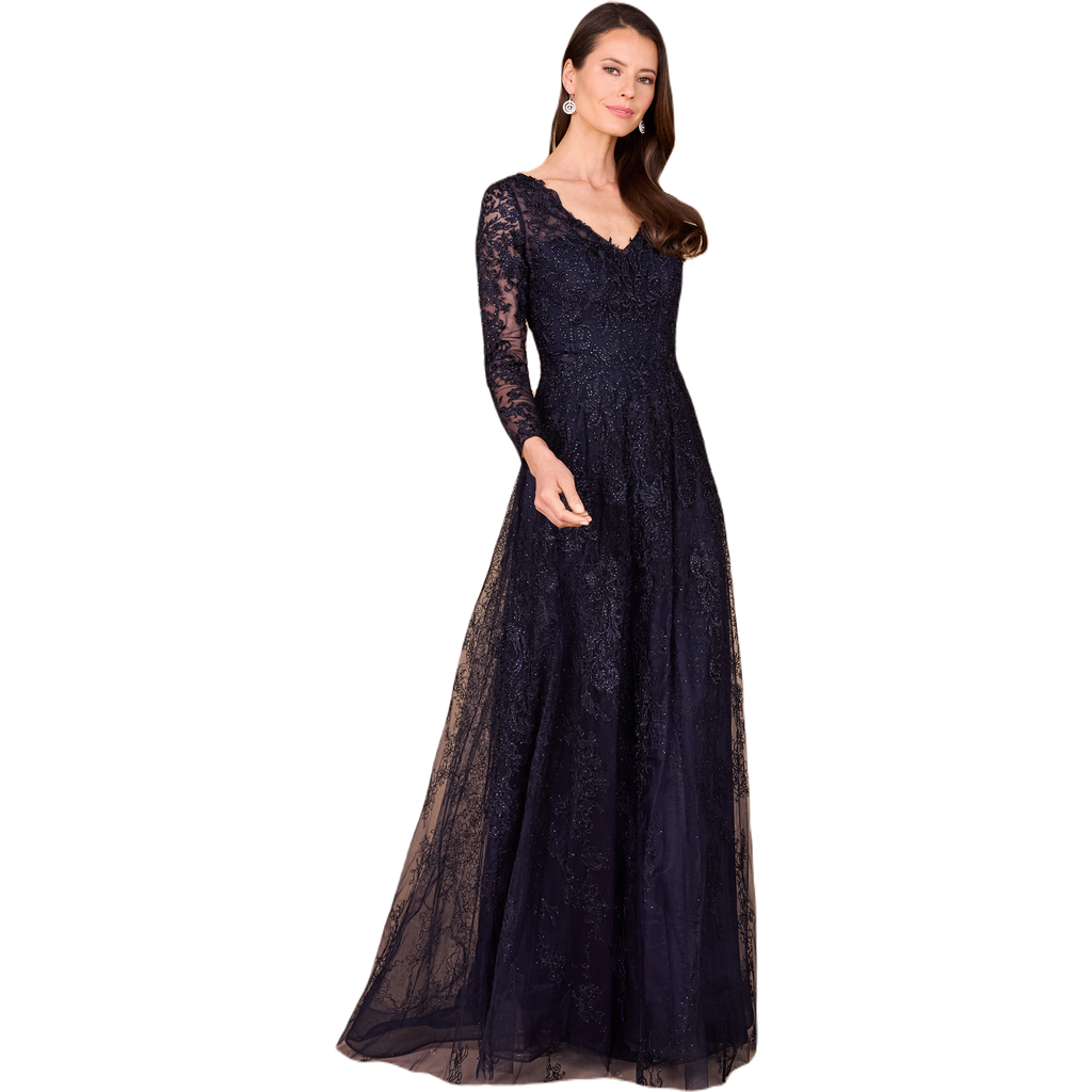 Lara New York Long Bell Sleeve V-neck Beaded Gown In Navy