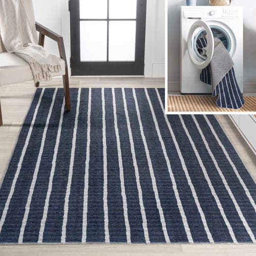 Jonathan Y Rand Distressed Ticking Stripe Machine-washable Area Rug In Navy/gray
