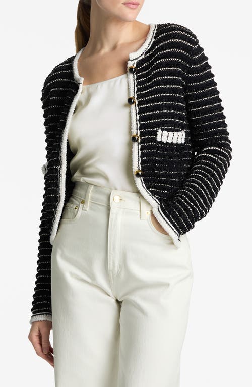 Stripe Eyelash Chenille Sweater Jacket in Black/Ecru