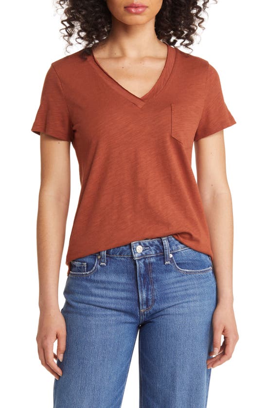 Caslon V-neck Short Sleeve Pocket T-shirt In Rust Sequoia