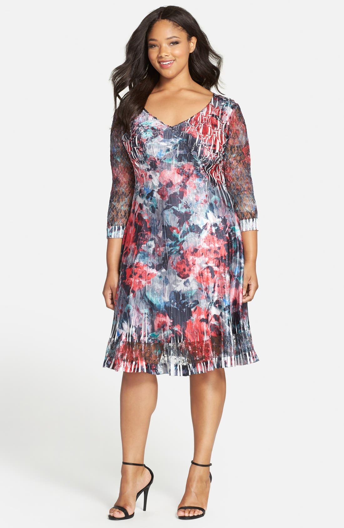 Komarov Floral Print Three Quarter Sleeve ALine Dress (Plus Size