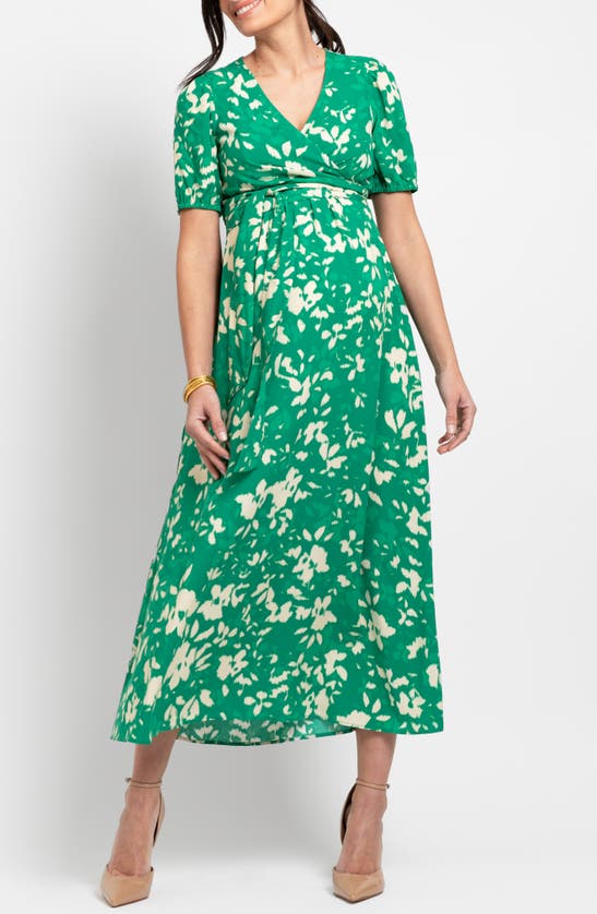 Shop Seraphine Floral Tie Waist Maternity/nursing Midi Dress In Green Print