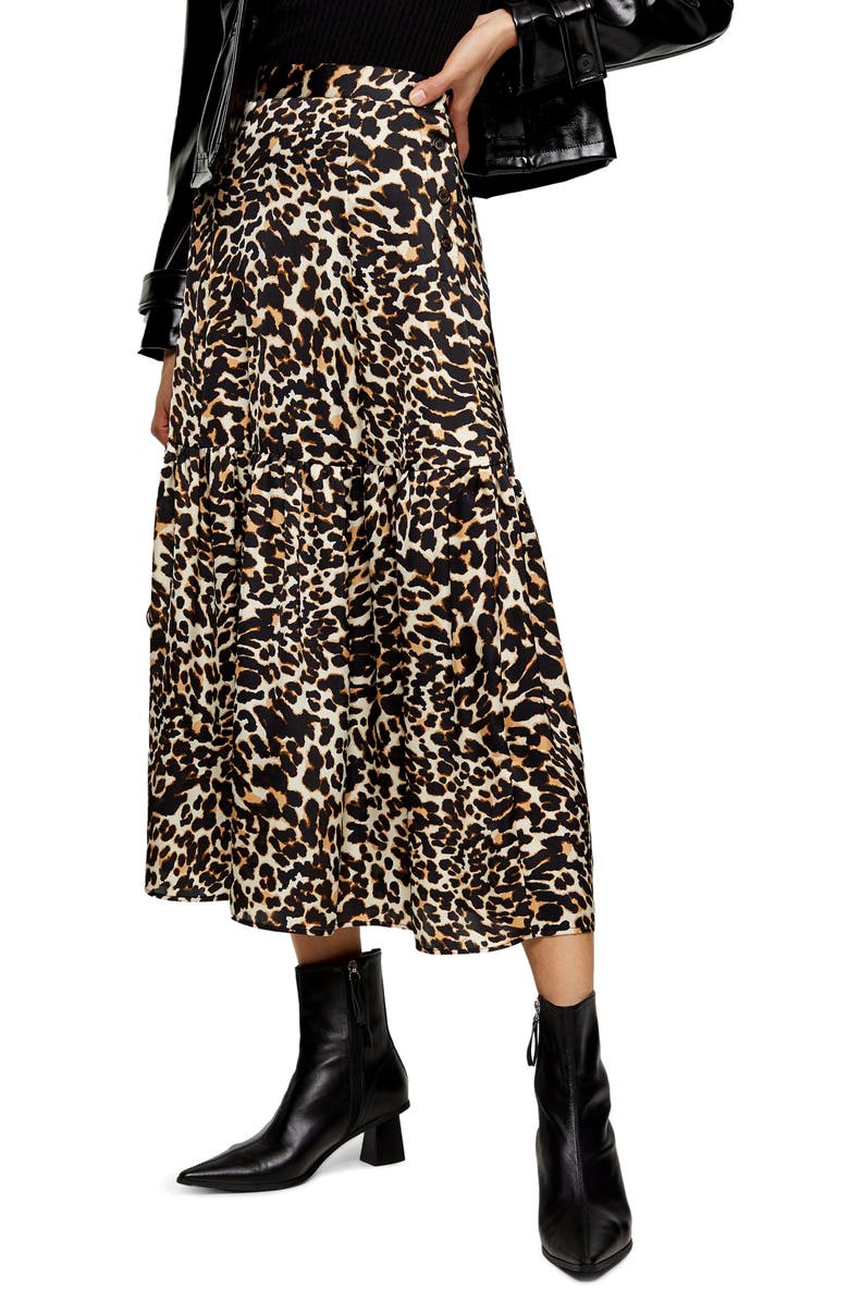 TOPSHOP Leopard Print Tiered Midi Skirt, Main, color, LEOPARD