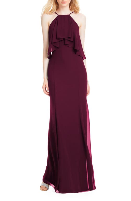 #Levkoff Flutter Halter Chiffon A-Line Gown in Wine