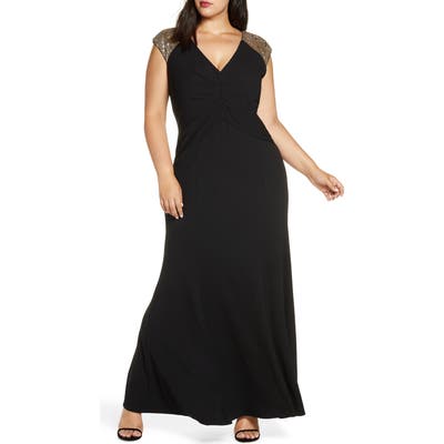 Plus Size Vince Camuto Sequin Yoke Scuba Crepe Trumpet Gown, Black